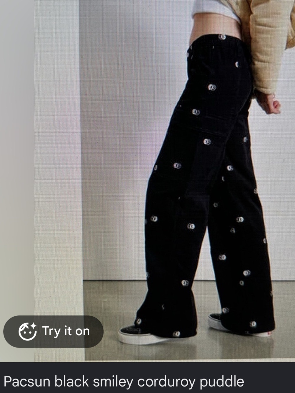 PacSun Black Corduroy Wide-Leg Pants with Smiley Embroidery
